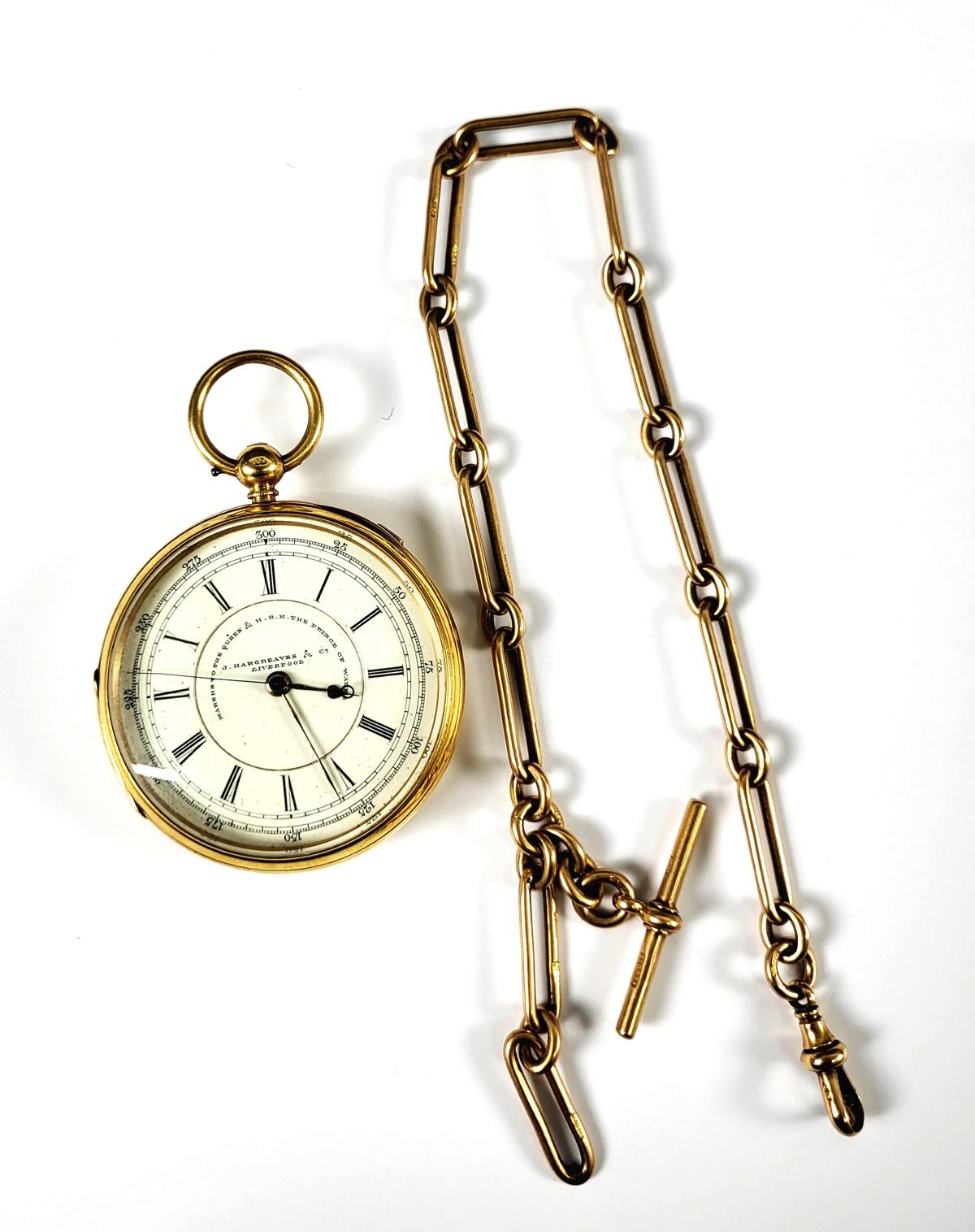J. Hargreaves & Co, Liverpool Taschenuhr um 1870, 18 Karat Gelbgold, mit Uhrenkette