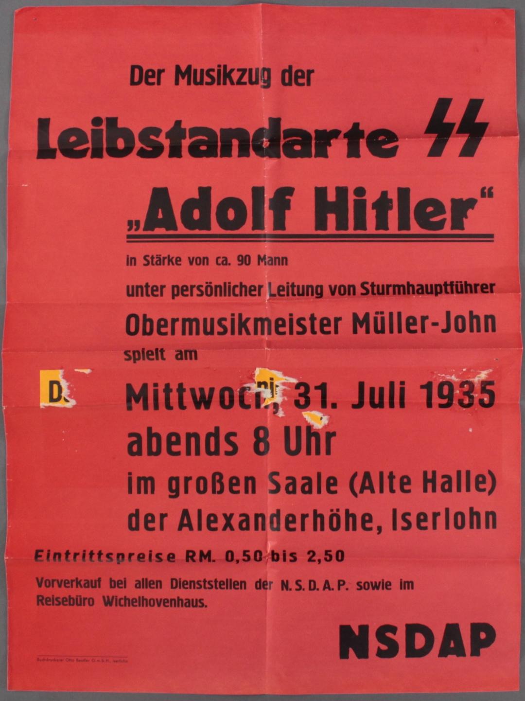 1935, Plakat ‚Der Musikzug Leibstandarte SS Adolf Hitler…. Alexanderhöhe Iserlohn‘
