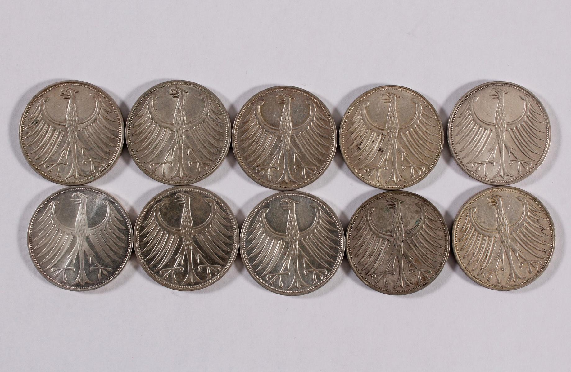 BRD 5 Mark Silberadler, 10 Stück Badisches Auktionshaus