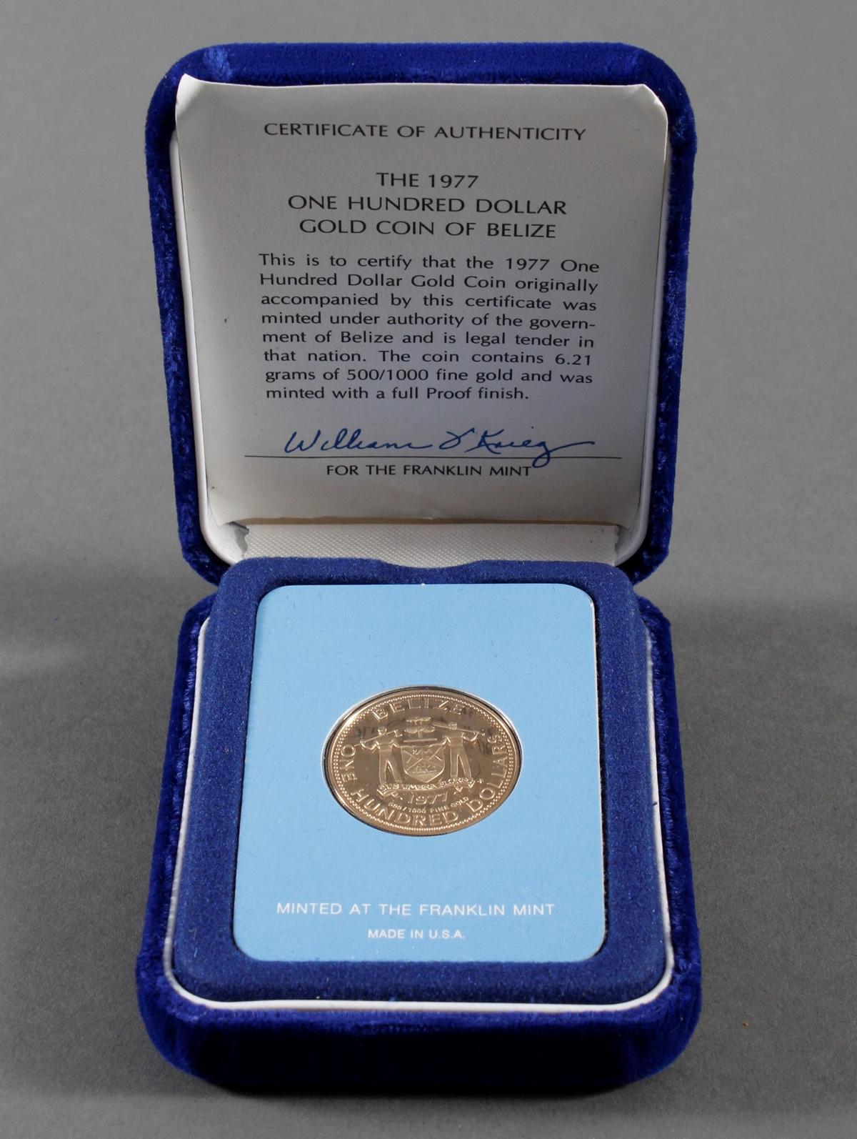 Belize ベリーズ 1977 100ドル 金貨 プルーフ 記念硬貨 本日のベリーズ ベイリーズ紋章100ドル金貨 K12(12金)の買取価格