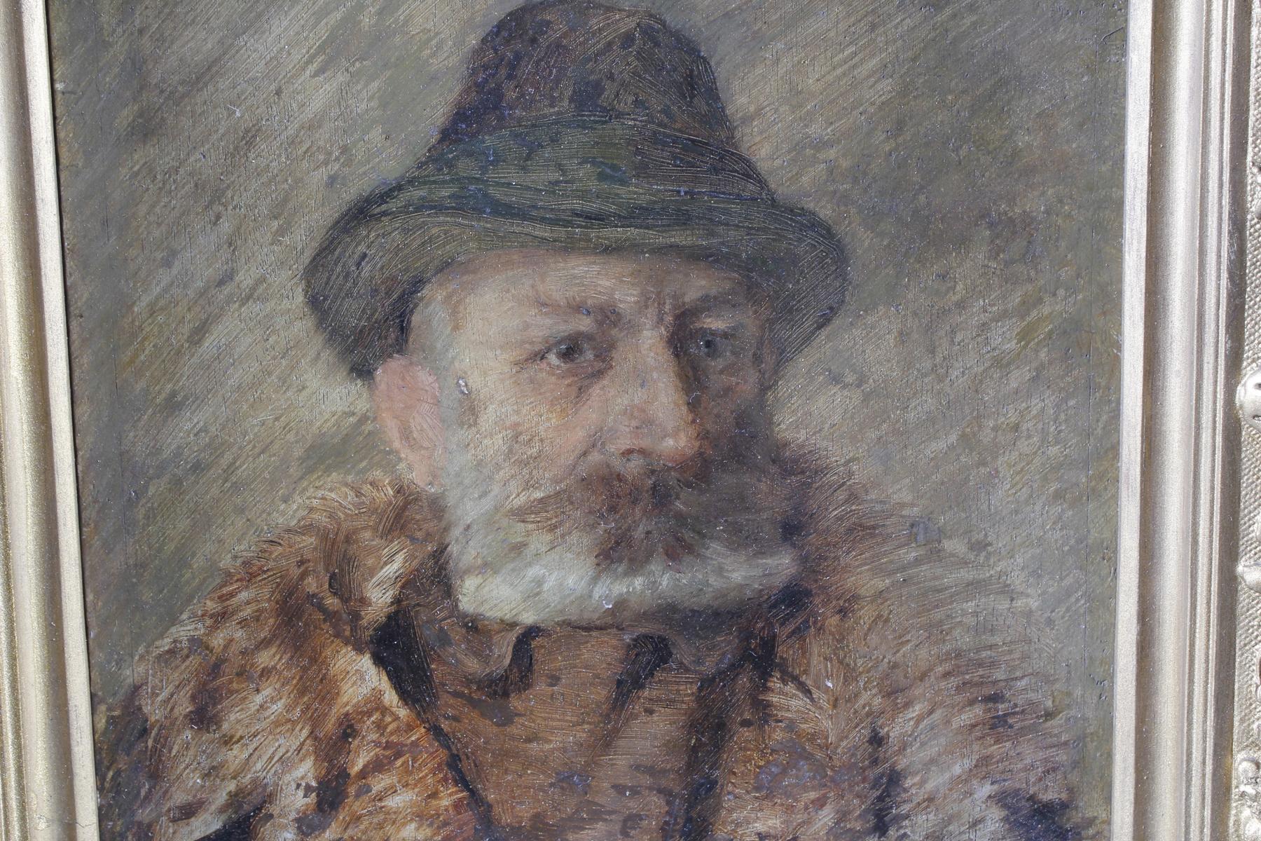 Bärtiger alpenländischer Mann, Öl auf Holzplatte 19. Jahrhundert-2