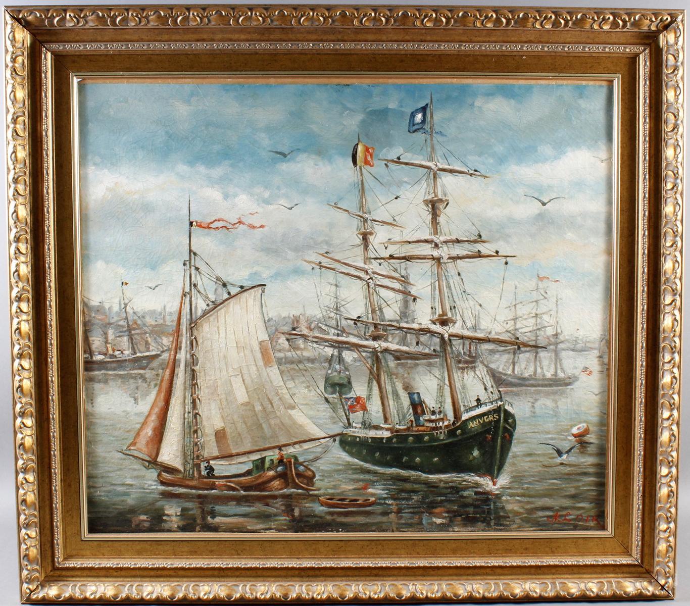 Segelschiffe im Hafen,Öl auf Leinwand um 1880 im Holzstuckrahmen