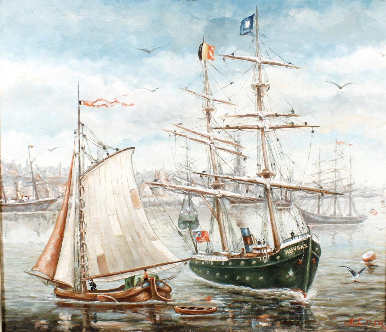 Segelschiffe im Hafen,Öl auf Leinwand um 1880 im Holzstuckrahmen-2