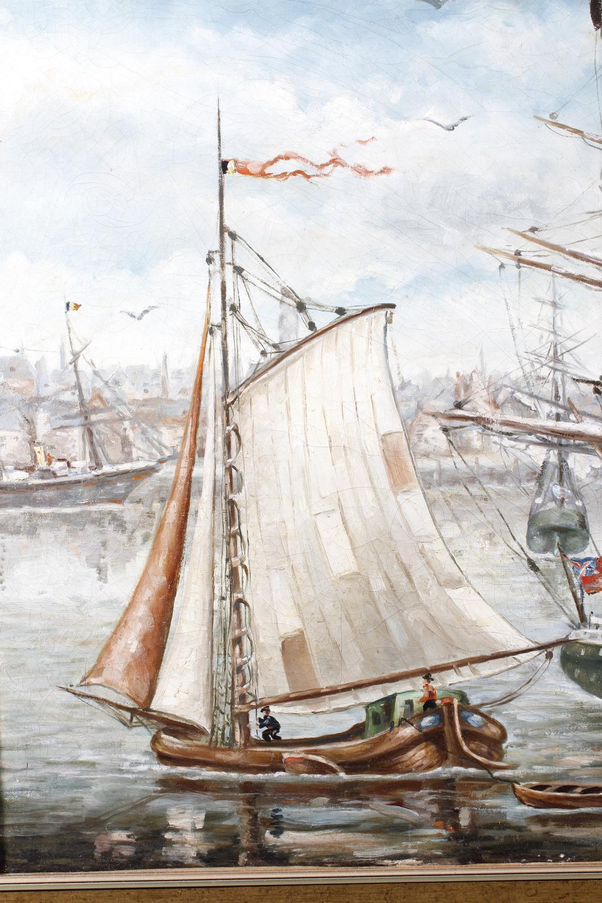 Segelschiffe im Hafen,Öl auf Leinwand um 1880 im Holzstuckrahmen-3