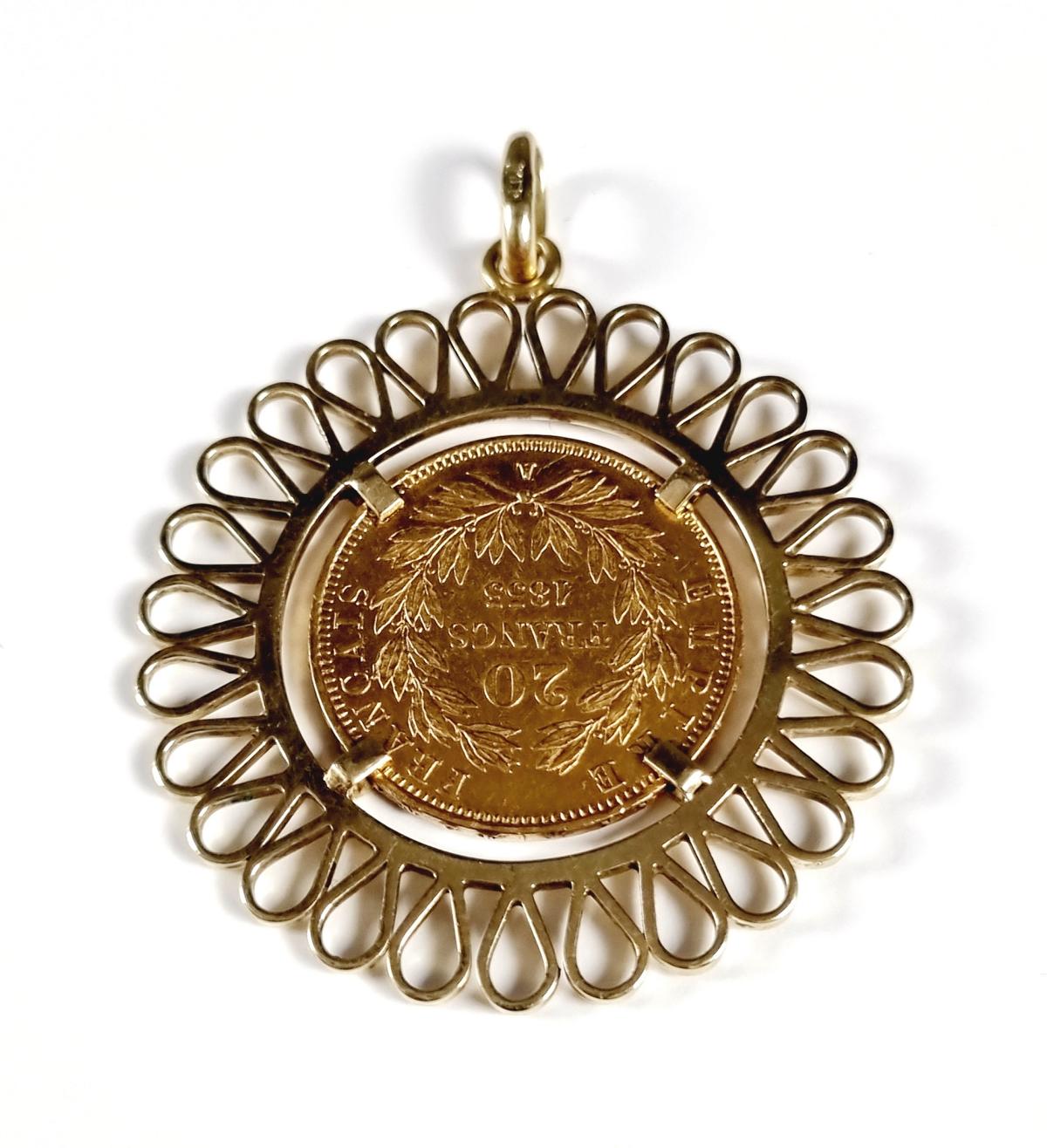 Gefasste 20 Francs Goldmünze von 1855 A, Fassung aus 14 Karat Gelbgold-2
